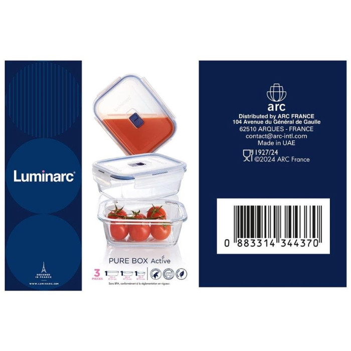 Набір прямокутних контейнерів Luminarc Pure Box Active з кришкою G8596 (G1602), 385 мл, 820 мл, 1200 мл